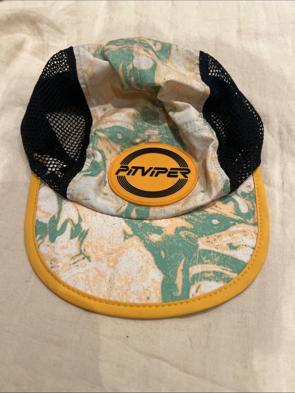 Pit Viper Yellow Trim Mesh Cap with Green Marble Crown adjustable Velcro